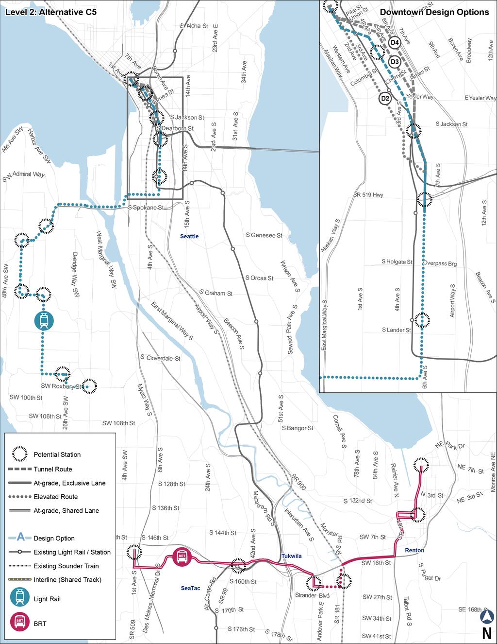South King County High Capacity Transit Corridor Report Alternative C5 LRT to White Center; Burien/Renton BRT Alternative C5 includes an LRT alignment with connections between Downtown Seattle, West