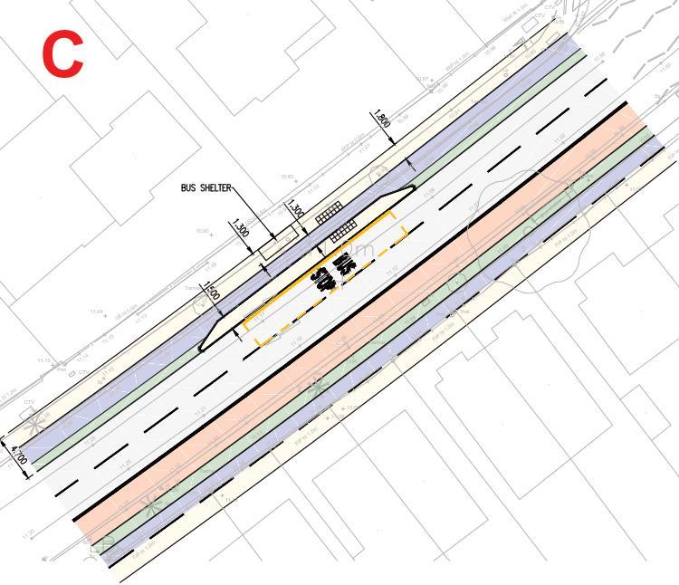 Wider Section Bus Stop Preference: Floating Bus Stop Segregated space for ped, cycle and bus users for cycle, Each has their own dedicated space Cycle users have priority in cycle lane