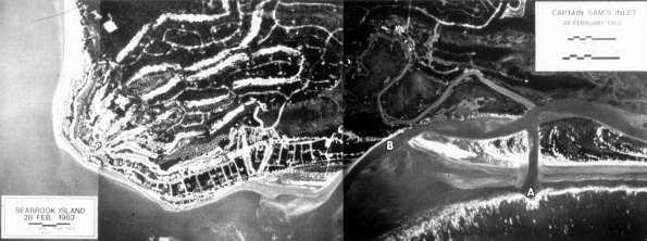 Lower photo shows the new channel (A) open before the old channel (B) was closed on 4 March 1983.