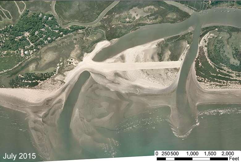 FIGURE T-12. Captain Sams Inlet after inlet relocation in June 2015. Kiawah spit is to the right and Captain Sams Creek is at the upper right corner of the image.
