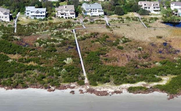 FIGURE 3.19. Oblique aerial image around Loggerhead Court on 12 October 2016 showing rafted myrtle bushes and marsh detritus along the foredune and end of the walkway.