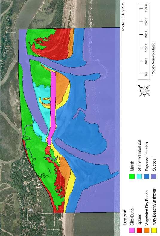 FIGURE 4.10. Delineation of habitats around Captain Sams Inlet in July 2015, one month after inlet relocation.