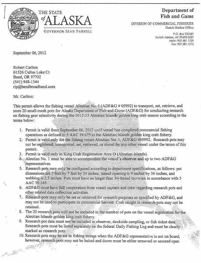 Appendix A1. ADF&G permit to allow the fishing vessel Aleutian No.