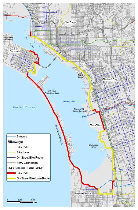 designated bike lanes and routes would provide convenient and scenic transportation around the San Diego Bay.