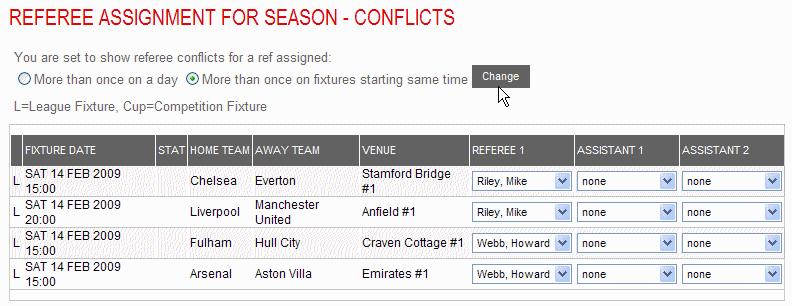 Two types of conflicts may be shown:- Same Day: a match official has been appointed to two fixtures on the same day (this may well be intentional, for example a referee doing one match in the