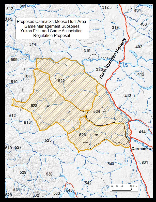 PROPOSAL 15: CARMACKS MOOSE HUNT PROPOSAL 15: CARMACKS MOOSE HUNT Introduce a limited permit hunt for bull moose in four Game Management Subzones (GMS)(5-22, 5-23, 5-24 and 5-26).
