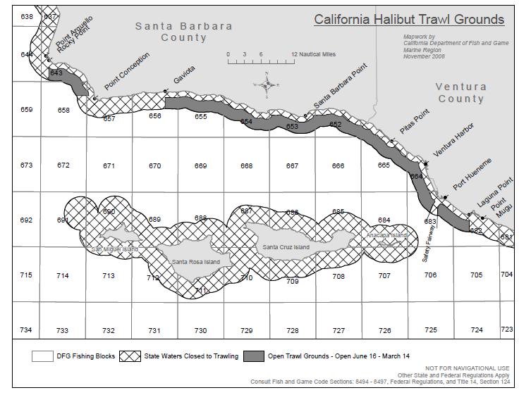 Figure 1. Map of the area within state waters where trawling is legal, also known as the California halibut trawl grounds (CDFW 2016).