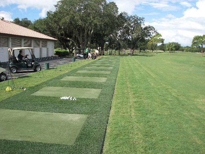 Turf Hound tee surfaces provide for a turf-like surface at driving range tees, without the divots.