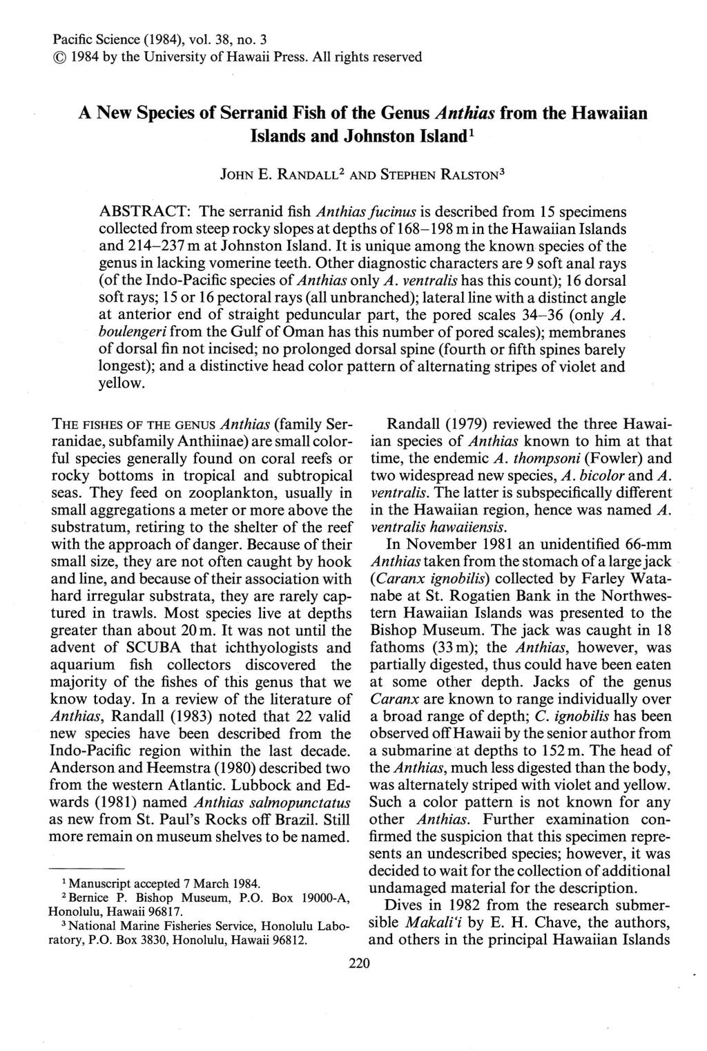 Pacific Science (1984), vol. 38, no. 3 1984 by the University of Hawaii Press.