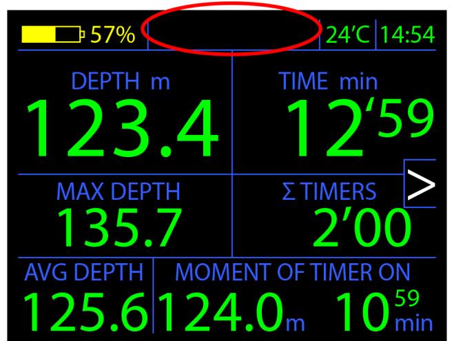 4.2 Device screens when working underwater. 4.2.1 Main underwater screen. Battery charge icon Current battery charge level, given by percentage. Colour coding: >=60%, <60%, <30%.