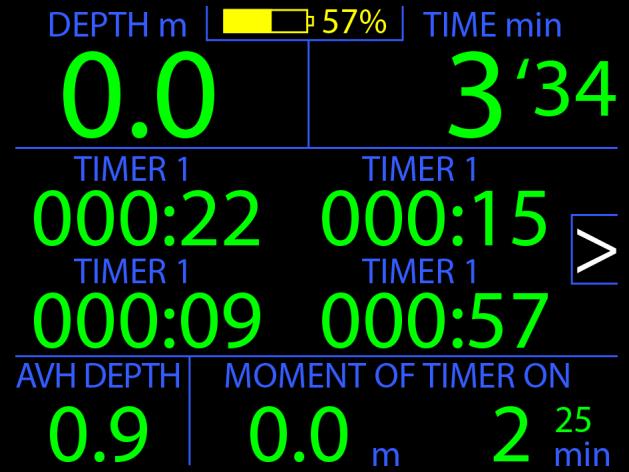 MOMENT OF TIMER ON information about the currently used stopwatch: depth and dive time recorded at the moment of starting the stopwatch 4.2.2 Stopwatch choice screen.