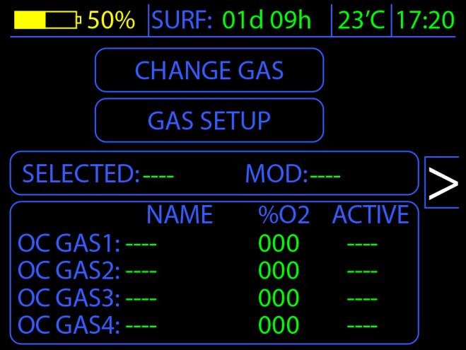 5.1.2.2 Gas mix table configuration GAS SETUP. In OC REC mode, the device supports 4 gas mixes, not containing helium gas.