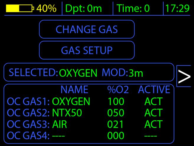 5.2.3 Gas mix table configuration - underwater mode.