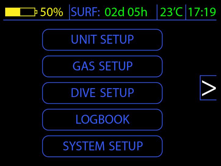SOFT the firmware version installed on the device GAS name of currently used gas mix. When settings in the gas table are not configured, the gas name is replaced by:.