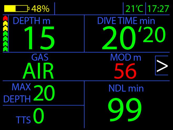 6.2 Dive computer screens when working underwater. 6.2.1 Main underwater screen. After crossing the maximum dive depth for the currently used gas mix, the MOD parameter value is shown in red colour.