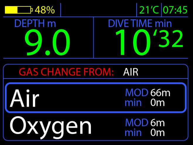 In addition to the basic information about the dive: depth and time, a scrollable list of available gas mixes is displayed (Active option in the gas mix table set to "act").
