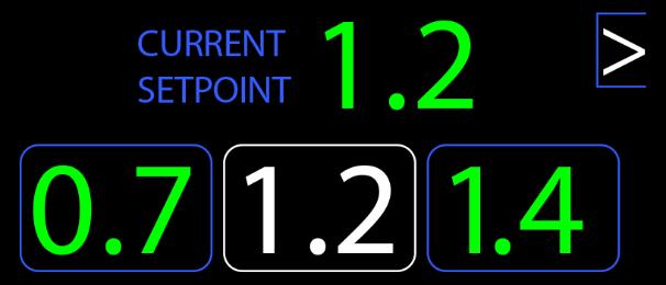 The three fields at the bottom of the screen contain setpoint values: When the depth is less than 1m or the dive computer is in surface mode, you can only select a setpoint of value less than or