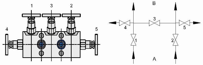 Left: milled version (for gases and liquids); right: forged version (for steam) A: process side; B: transmitter side 5-Way-Manifold The manifold is used to