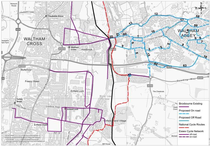 Figure 4-7 Map to show how the Potential routes in Waltham Abbey