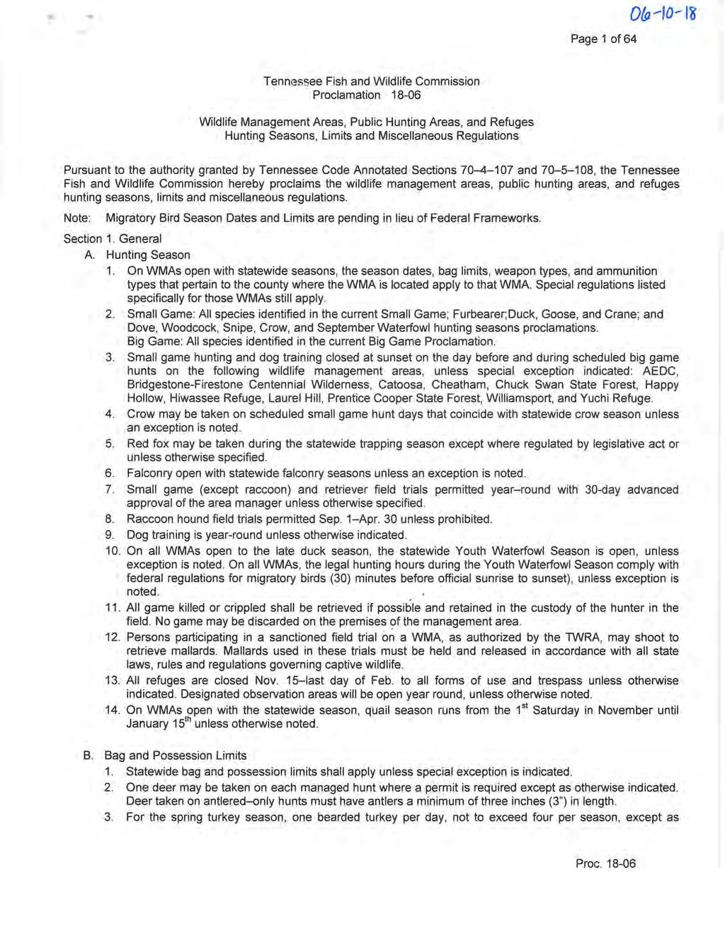 ,,.. Page 1 of 64 Ofp--10--- nr Tennessee Fish and Wildlife Commission Proclamation 18-06 Wildlife Management Areas, Public Hunting Areas, and Refuges Hunting Seasons, Limits and Miscellaneous