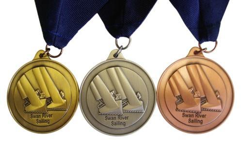 50mm medallions on a blue ribbon, with Swan River Sailing s unique design on the front. The backs are left blank for engraving.