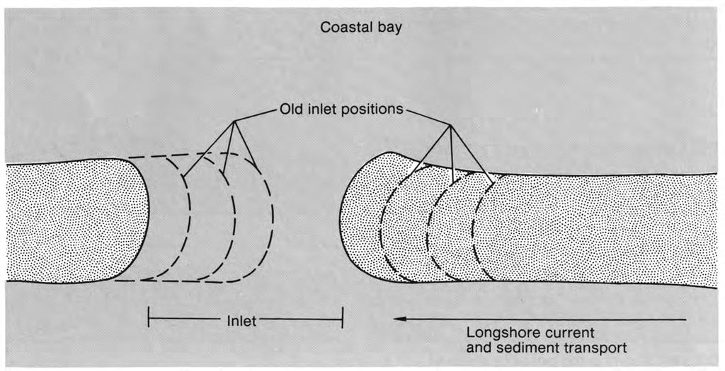 Inlet Migration Sand is removed from longshore transport by: accumulation on upstream side entrapment in the flood-tide delta Removal of sand