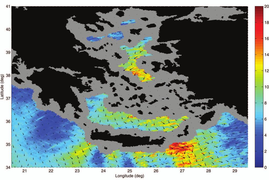 10 IEEE TRANSACTIONS ON GEOSCIENCE AND REMOTE SENSING Fig. 12. High-resolution wind speed (in meters per second) and direction produced by discarding all slices within 30 km of the coast.