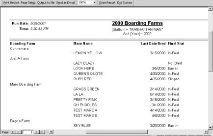 This report groups the mares by their boarding farm and shows their Last Date Bred