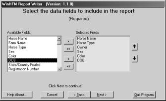 3) Select fields for report screen This screen is used to let you pick the fields that you wish to print on your custom report. Each field picked will show on the report as a new column.
