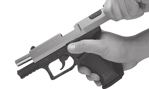 To do this, grasp the grip of the frame with your finger off the trigger and outside the trigger guard, point the muzzle in a safe direction, depress the magazine release and remove the