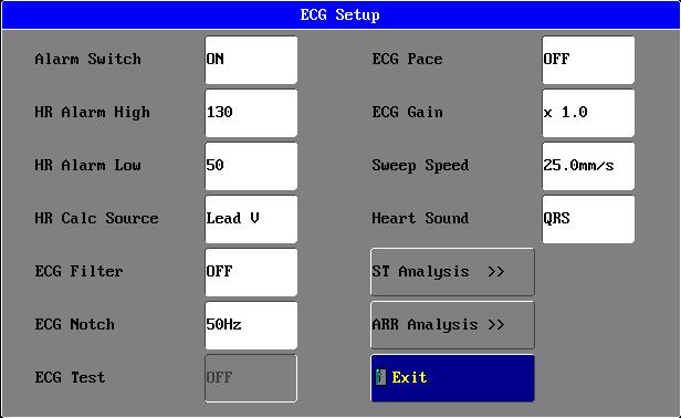 ECG PARAMETER SETUP Click the parameter area of ECG, see graph below: Then open the ECG Setup menu, this menu can finish settings below: ALARM SWITCH ON and OFF for choice, the factory-set is OFF.