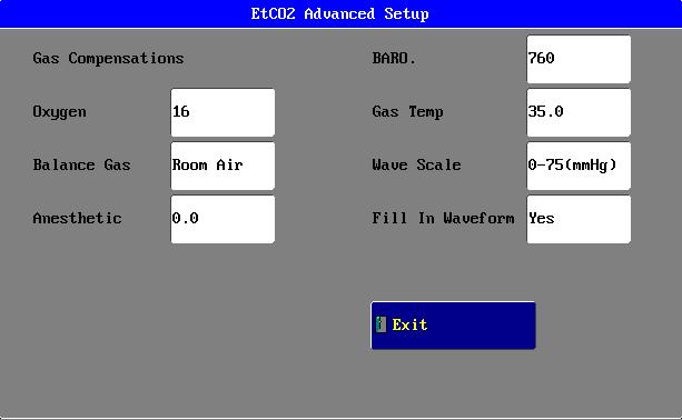 ADVANCED SETUP Click the ADVANCED SETUP item to call up the following menu: SET GAS COMPENSATIONS The measurement of CO 2 is affected by temperature, pressure, and gas compensations.