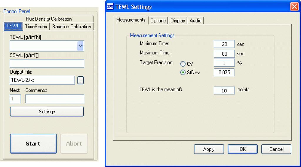 TEWL Measurement Settings Initiate a new output *.txt file.
