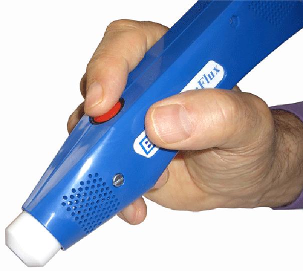 Holding the Probe 1. Make the probe roughly perpendicular to the skin surface. 2. Keep the red button uppermost (probe angle effect). 3.