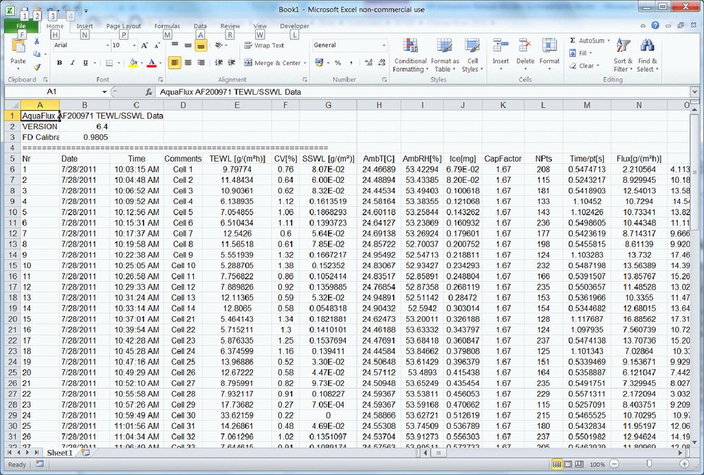 TEWL Data Files Use copy/paste to load data into Excel.