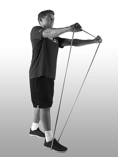 FRONT RAISE SPLIT STANCE UPPER BODY 1 Stand in a split stance with the Pro Band under your front foot. 2 Hold the other end of the band with an overhand grip with arms resting in front of you.