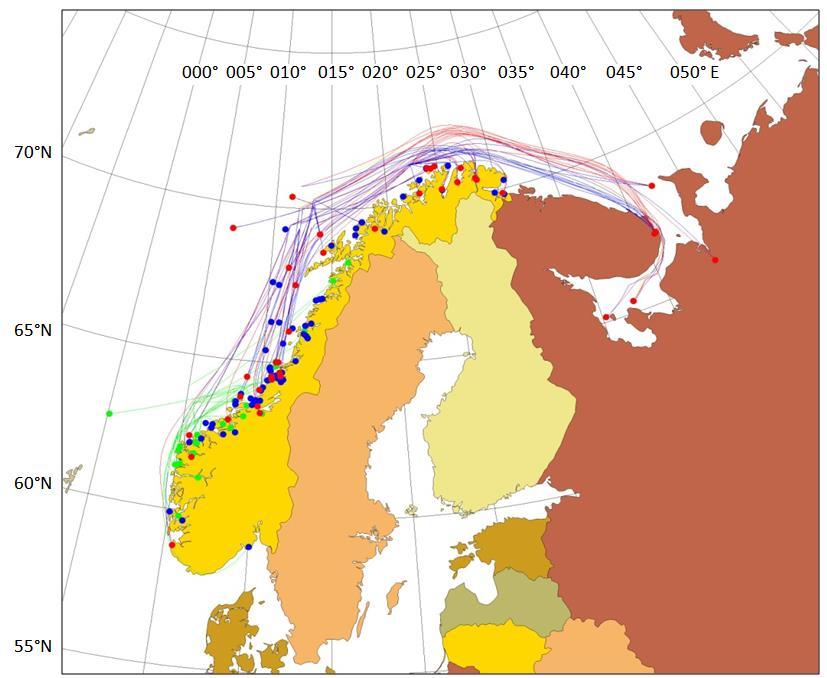 Fifty years of marine tag recoveries from Atlantic salmon 89 Figure 7.36. Recaptures of adult Atlantic salmon tagged and released in the Norwegian Sea in spring 1970.