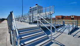 Features an 8 x 8 pressbox. Note the galvanized steel framework and aluminum cross braces of the bleacher. Options include the pressbox and ADA ramp.