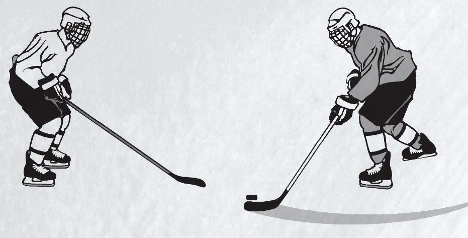 The stick should be held with the top hand only and the shaft should be extended near to the ice with one knee bent.