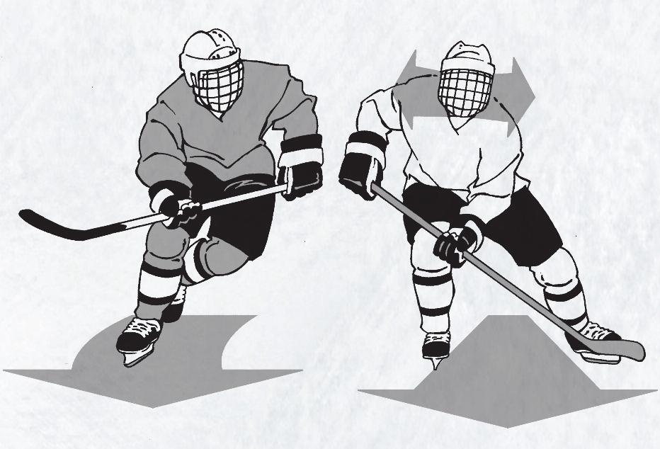 The disadvantage is that the defender will have a difficult time watching both the opponent and the puck.