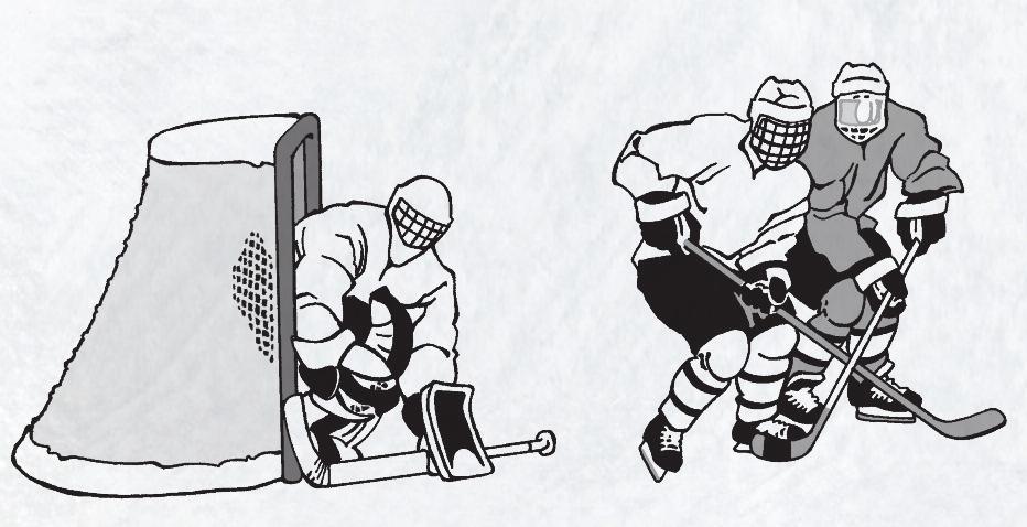 When covering a player in front of the net, the defender must be aware of the positioning of the puck as well as his opponent.