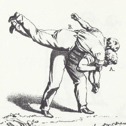 In this case the raised will hook beneath himself with his feet, right arm wrapping around the adversary s throat and his left hand seizing the elbow joint.