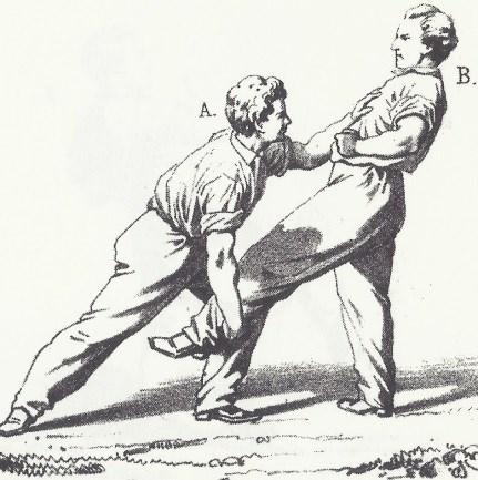 LEG GRIPS I. Foot grip. Plate II B puts his left foot forward. A lowers himself rapidly using his right hand to seize low down on the ankle or calf.