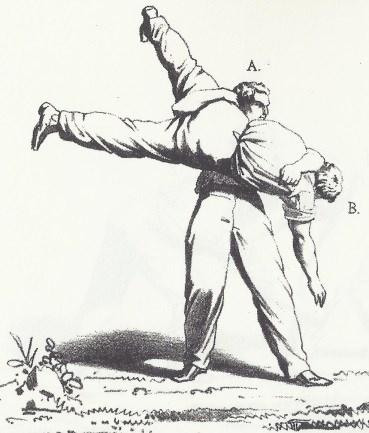 VII. Plate X A, as in the previous grip (Plate VIII), raises up B with a prompt and vigorous lift as high as possible and with a slight rotation to the left tosses him, throwing B onto his