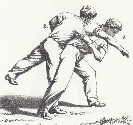 leg. During the rotation he carries his extended right arm over B s head and seizes, with his right hand, B s forearm with a firmly held grip from above.