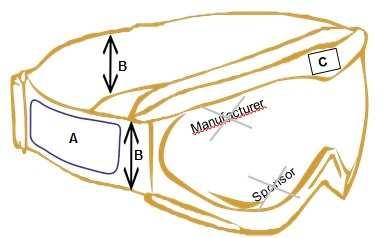 2.3 GOGGLES A= Two commercial markings of the manufacture with a maximum surface area of 15cm² in an unstretched position. B= Straps no wider than 4cm.