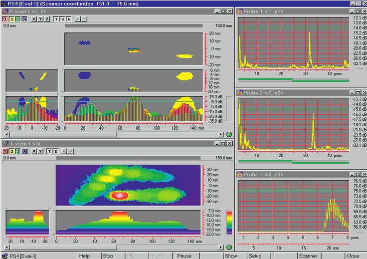 Example of data presentation in P-scan Excellent data and images The P-scan system provides A-scan, B-scan, C-scan, T-scan (thickness mapping) and ToFD (Time of Flight Diffraction) mode, including