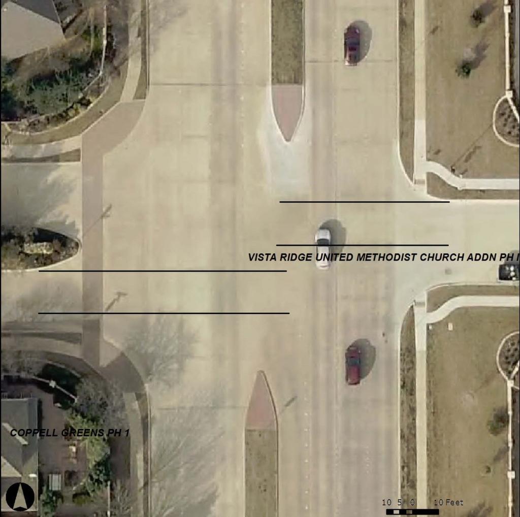 Aerial view of the Denton Tap/Turnberry/Preserve intersection. The exit lanes have been extended to show the offset between them.