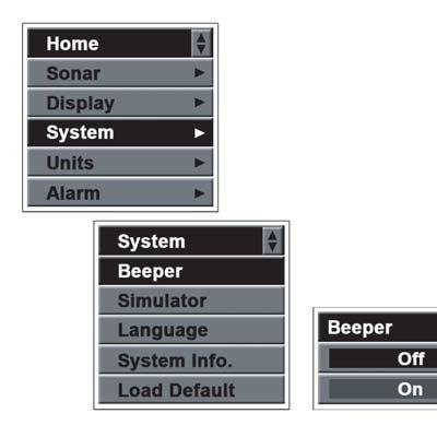 3. System Beeper Beeper is used to set whether the sonar unit sound a tone or not when a key is pressed. To set the Beeper 1) Press MENU to enter into menu setting.