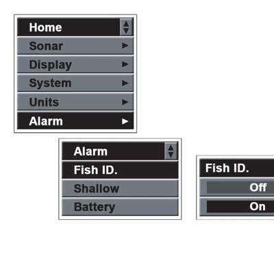5. Alarm Fish ID. Fish ID. is used to set whether the Fishfinder sounds an alarm tone or not when it detects what it determines to be a fish.
